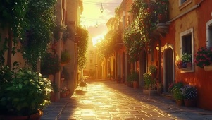 黄昏落日法式小镇街道