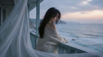 海边露台白衣少女