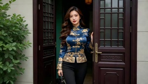 庭院前着唐装的女总裁气质美女