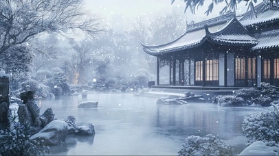 冬日庭院古朴建筑池塘