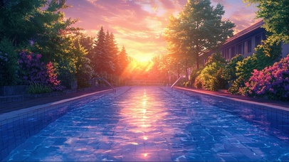 校园落日晚霞静谧泳池