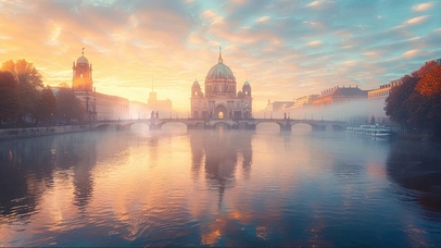 日出阳光欧式小镇河岸