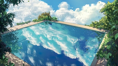 夏日蓝天白云绿色泳池
