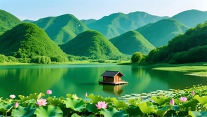 绿色山水荷花小屋