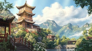 远郊古塔小镇夏日美景