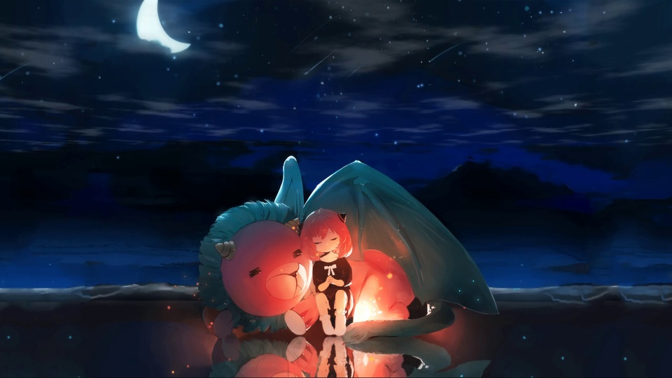 深蓝夜空下，粉发女孩与带角粉色生物静卧在反光地面，夜空有弯月、繁星与流星，远处是深色山丘。