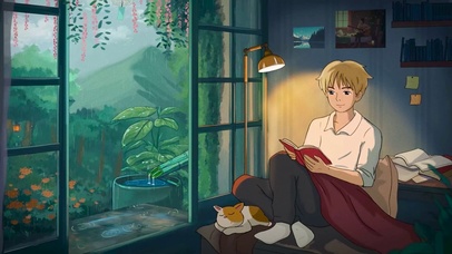 雨天夜晚学习的男孩