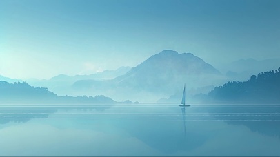 迷雾山间湖泊帆船
