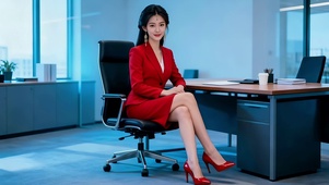 蓝色调办公室红衣气质美女