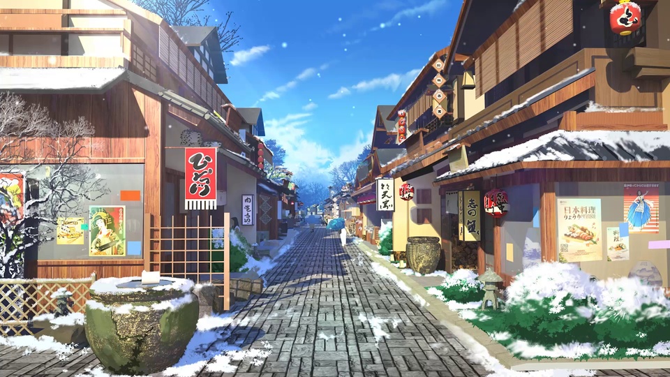 冬日晴雪古街，两侧日式传统木建筑，飞瓦覆薄雪，砖石路面向远处延伸。