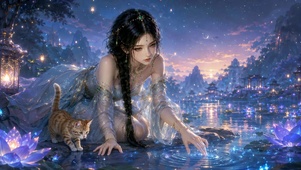 星夜湖畔古风女神与橘猫