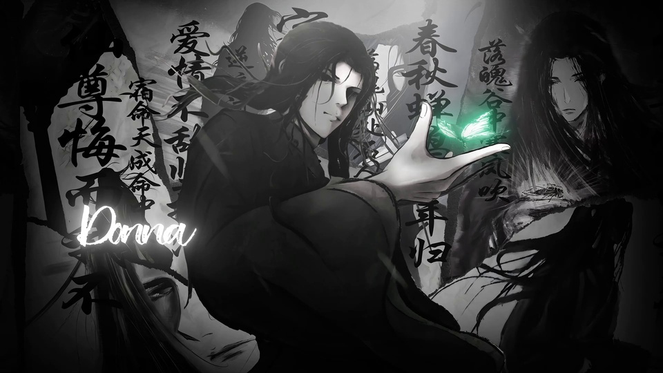 水墨风黑衣长发男子抬手托住青荧光蝶，背景叠印书法文字与虚化人像。