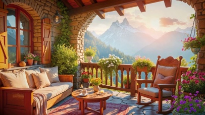 傍晚山顶温馨小屋 