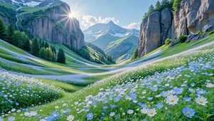 晨光山谷蓝白花海