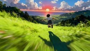 草原滑行的少年