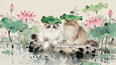 水墨风荷花猫咪