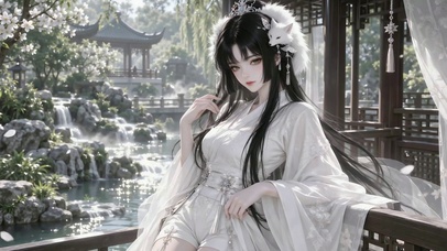 古风白狐少女园林凭栏