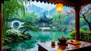国风园林雨景