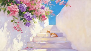 鲜花台阶上猫咪