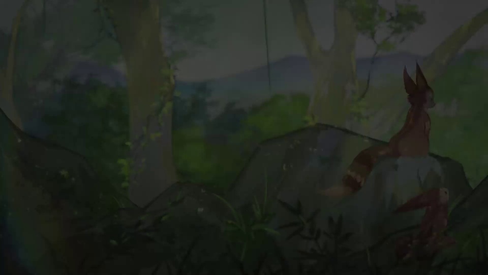 幽暗林间高岩上的长耳棕褐生灵，四周环绕深绿植被与朦胧远山。