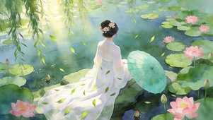 夏天荷花下女孩