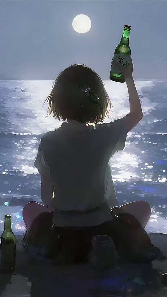 与海干杯的少女