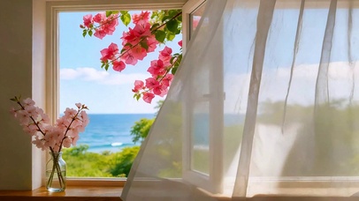 窗畔花与海