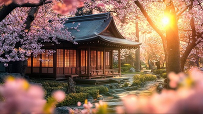 日出樱花古风建筑