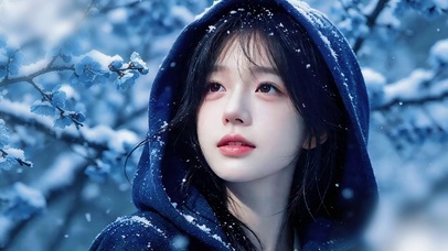 冬雪中的帽兜清纯少女