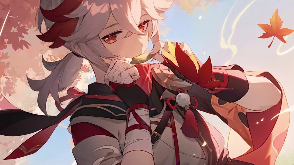 二次元插画中，身着和风武士装束的枫原万叶立于秋日晴空白天下，红色枫叶在暖红与浅蓝交织的画面中飘落。
