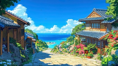 夏日海边古镇建筑风景