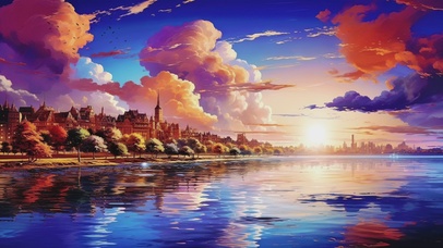 绚丽的湖光水镜油画风风景