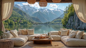 阳光雪山映湖光