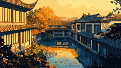 国风建筑静谧黄昏池塘