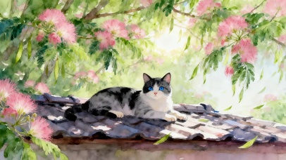 春天绿荫下猫咪