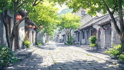 春日清新绿叶古镇街景