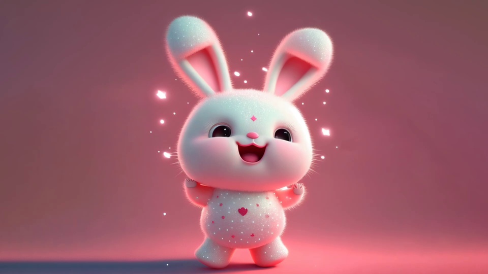 3D Q版拟人毛绒白兔，身侧为粉白渐变，体表点缀细闪与小爱心装饰，背景是渐变粉紫色，周围散落发光星点。