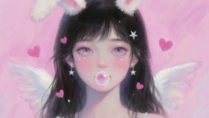 兔耳朵吹泡泡女孩