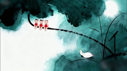 荷叶杆上玩闹的三小娃