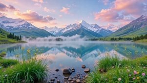 晨曦雪山湖畔唯美风景