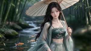 溪竹林间执伞少女