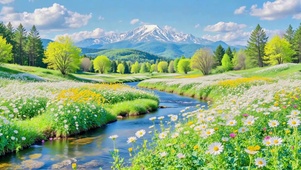 雪山下的花海溪流