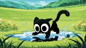 雨里踩水的小黑猫