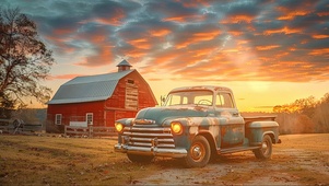 落日乡村小屋与汽车