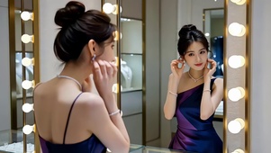 化妆镜前打扮的紫衣性感美女