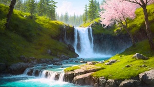 治愈插画山间瀑布