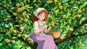 秋天桂花树摘花的动漫少女