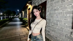 湖畔住宅门前的牛仔裤美女