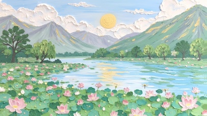 碧湖荷影夏阳暖