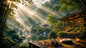 清晨斜阳山谷